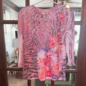 Jess & Jane Savanna Flowers Pink Floral Animal Print Textured 3/4 Sleeve Top L